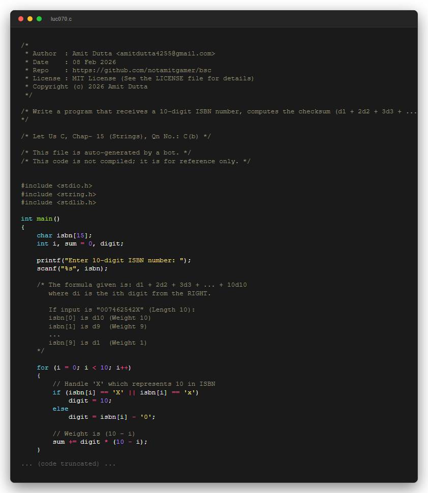 Write a program that receives a 10-digit ISBN number, computes the checksum (d1 + 2d2 + 3d3 + ... + 10d10), and reports whether the ISBN number is correct (sum divisible by 11).
